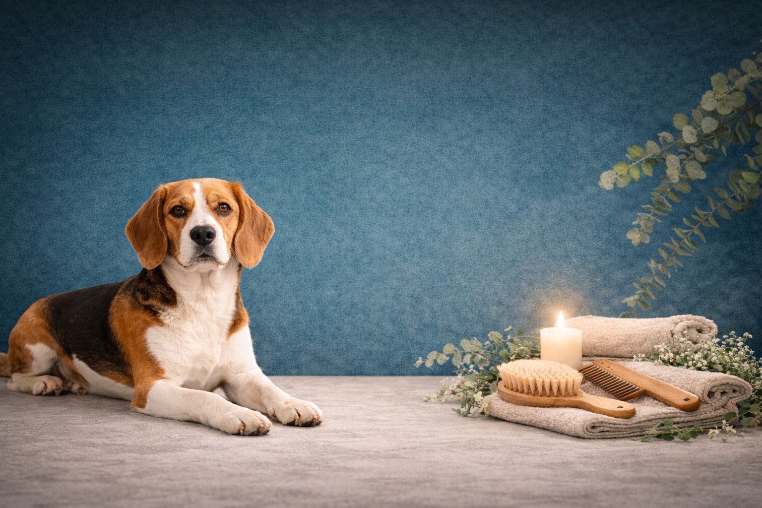 Hund vor petrolfarbenem Hintergrund mit Hundepflege-Zubehör – Aristodog Hundepflegeprodukte