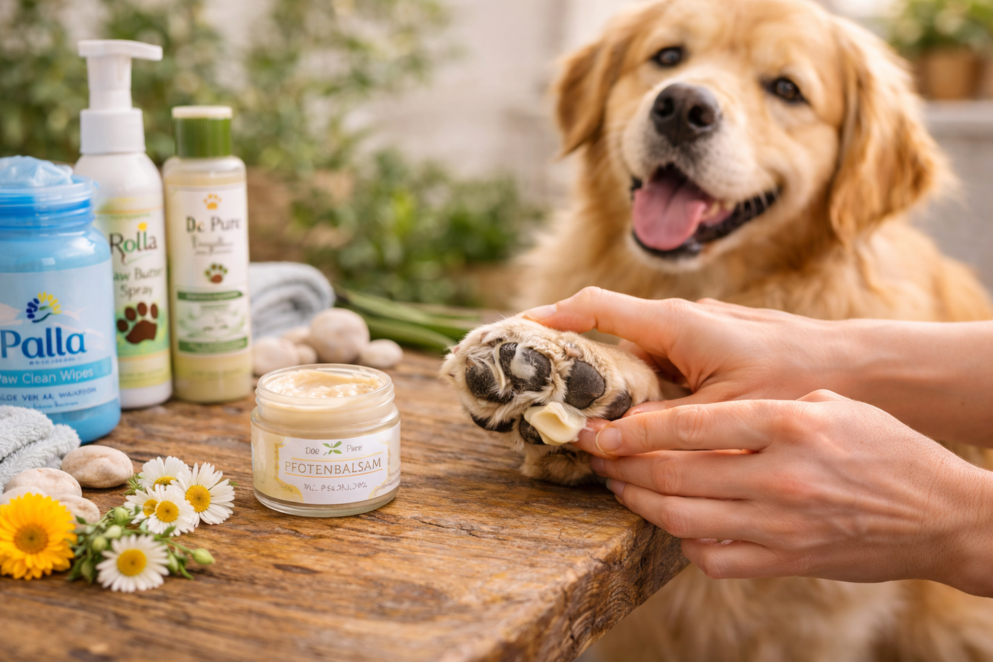 Golden Retriever erhält Pfotenpflege – Pfotenbalsam wird sanft auf die Hundepfote aufgetragen