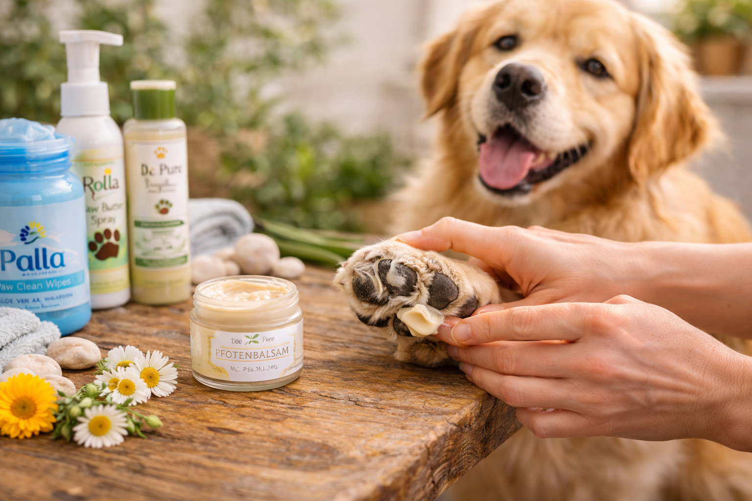 Golden Retriever erhält Pfotenpflege – Pfotenbalsam wird sanft auf die Hundepfote aufgetragen