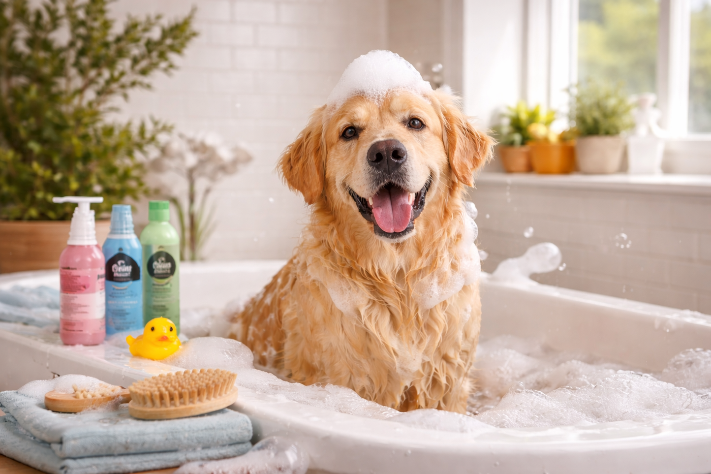 Golden Retriever wird gebadet – sanfte Shampoo- und Waschpflege für Hunde